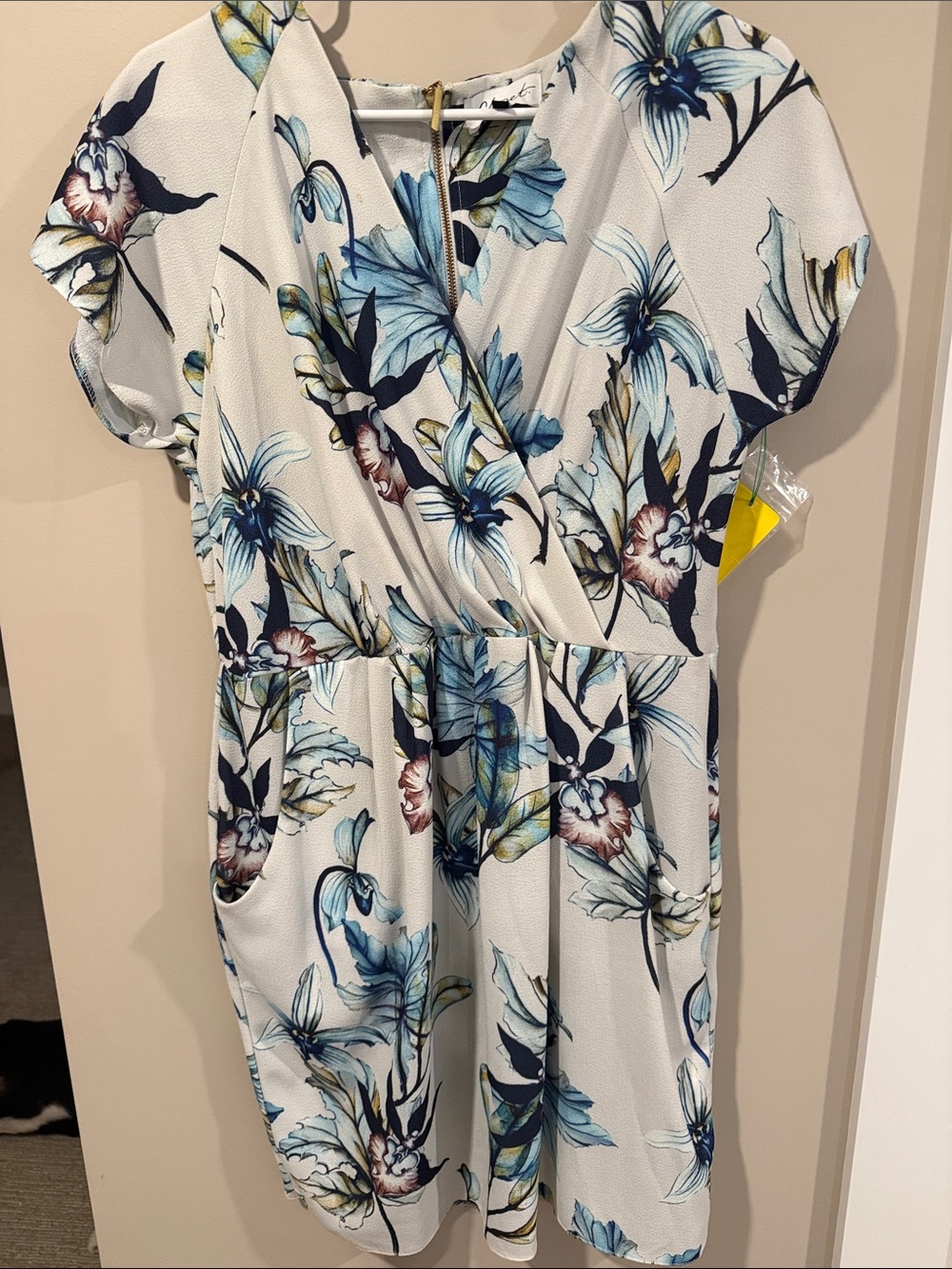 Floral Dress in Cream and Blue with Pockets